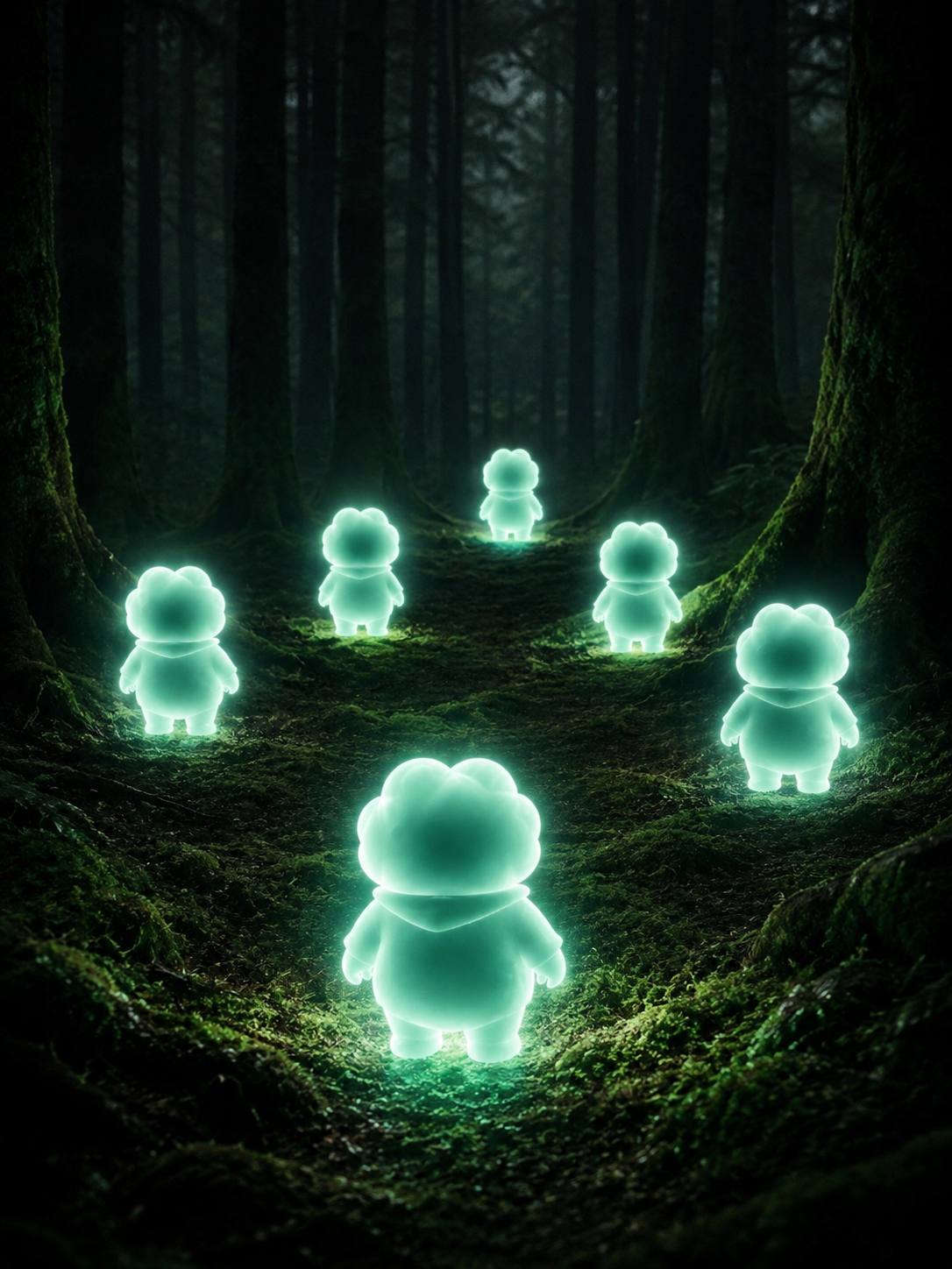 Several Ascend figures walking through a forest