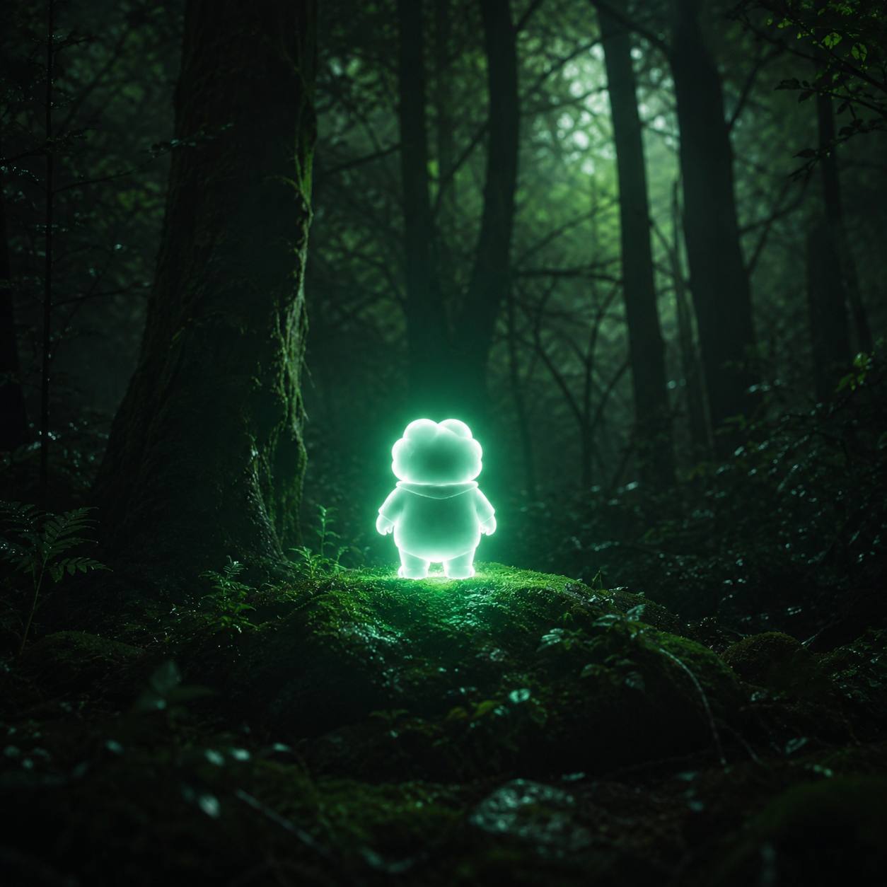 Ascend standing alone in a dark forest