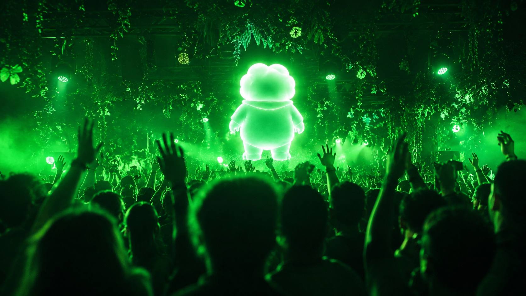 Ascend floating above a green-lit crowd