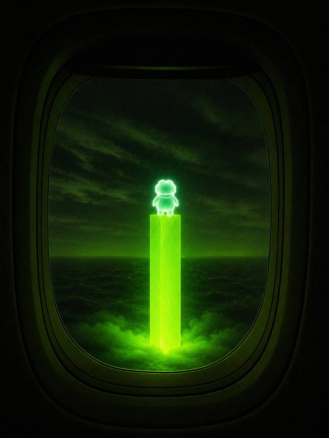 Ascend on a green pillar seen through an airplane window