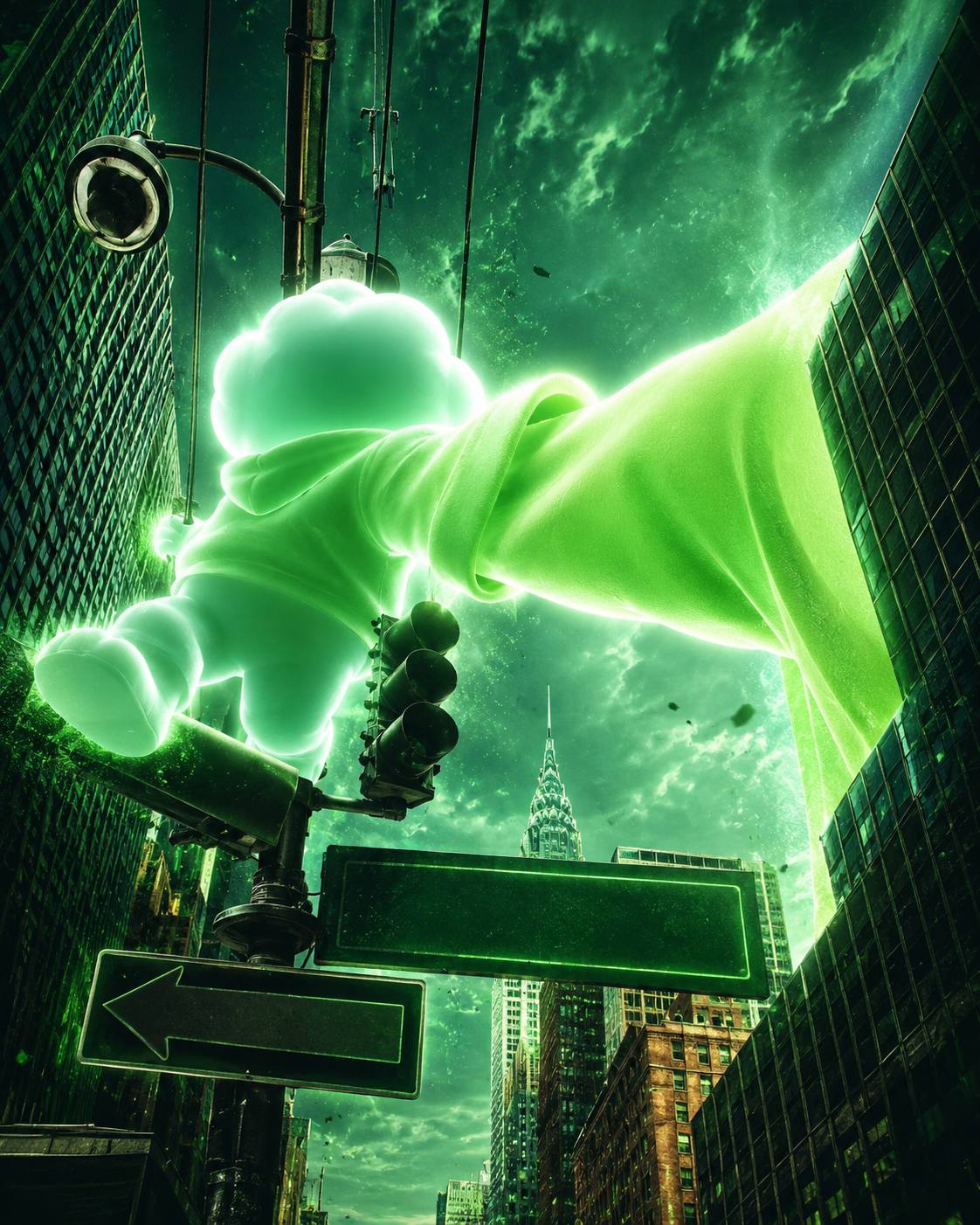 A giant caped Ascend above a green city