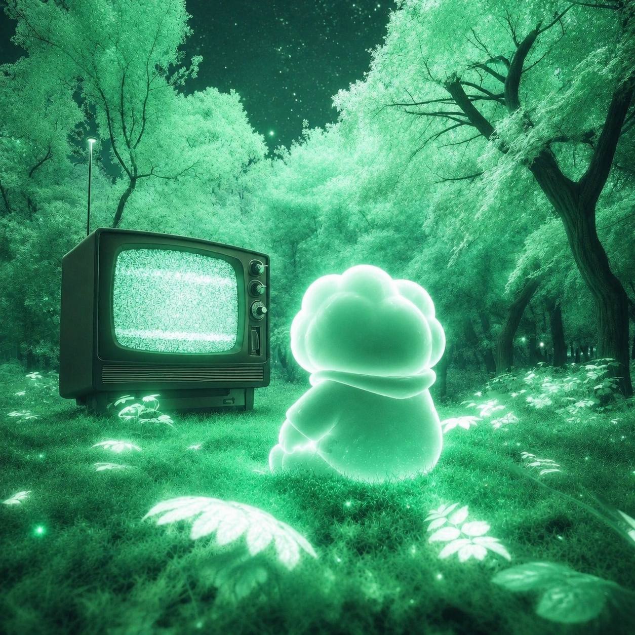 Ascend in a glowing forest beside a vintage television